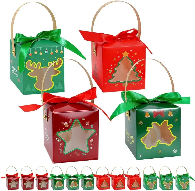 Zatix​bu 16 cajas de regalo de fiesta de Navidad, cajas de dulces rojas y verdes con ventana y asa, 4 diseños reutilizables de estrellas y alce, ideal para suministros de fiesta de Navidad — Envoltorio regalo