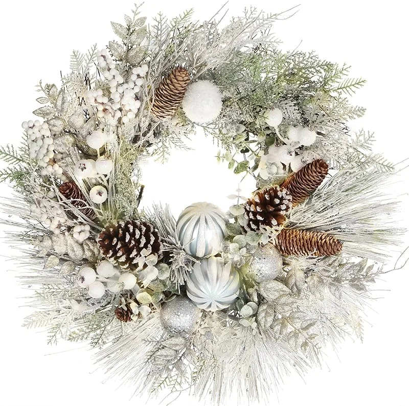 Visita la tienda de Oairse Corona de Navidad artificial de 61 cm de diámetro con bolas decorativas de Navidad, conos de pino, bayas para puerta delantera, pared de casa o decoración de Navidad, decoración de invierno — Decoracion Navidad
