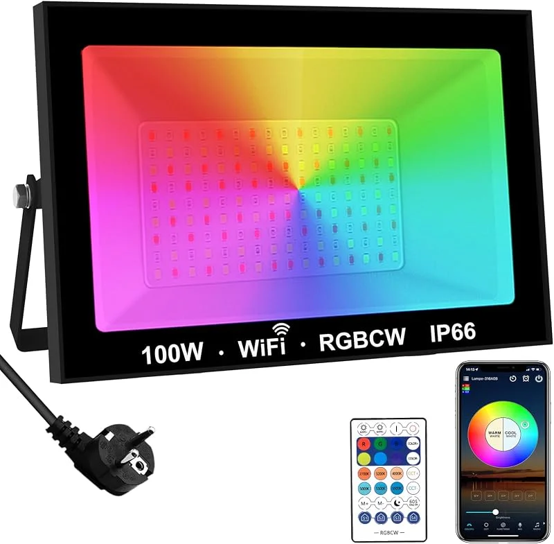Visita la tienda de T-SUNUS T-SUNUS Foco LED RGB Exterior, 100W Proyector RGB Jardin con APP WiFi Bluetooth y Mando, Impermeable IP66, 16 Millions Colore DIY, Temporizador para Fiesta Terraza Bar Navidad Halloween — Luces Navidad
