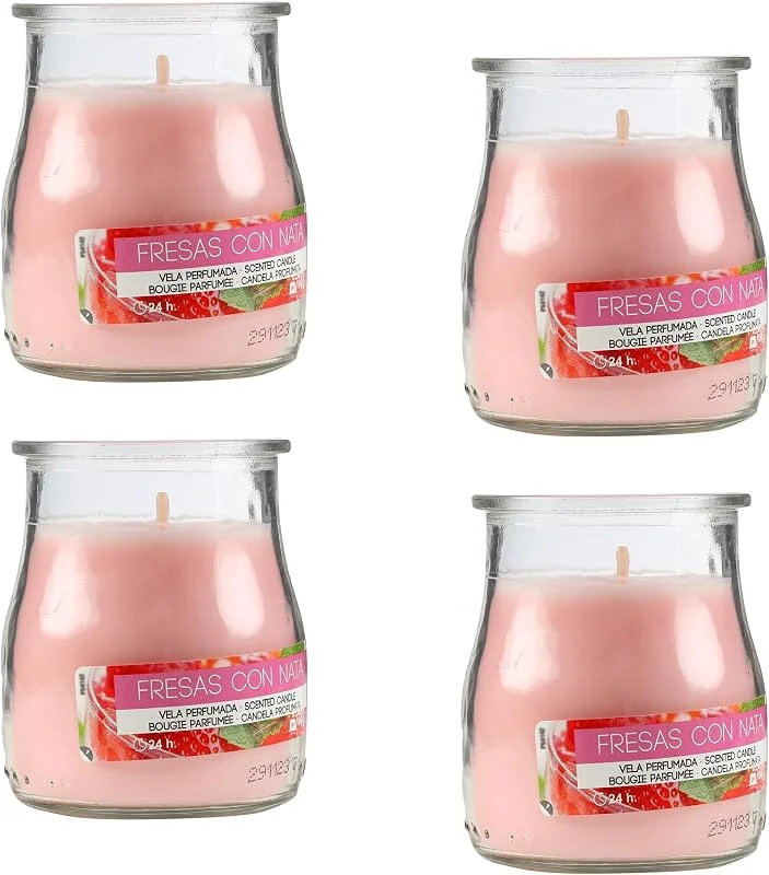 Visita la tienda de Etrexonline Pack de 4 Velas Aromáticas en Vaso de Yogurt de Cristal Reciclable - 44h de Duración，Cera Vegetal Perfumada, Fabricadas España, 7x6cm (Fresas con Nata) — Cena a la luz de velas