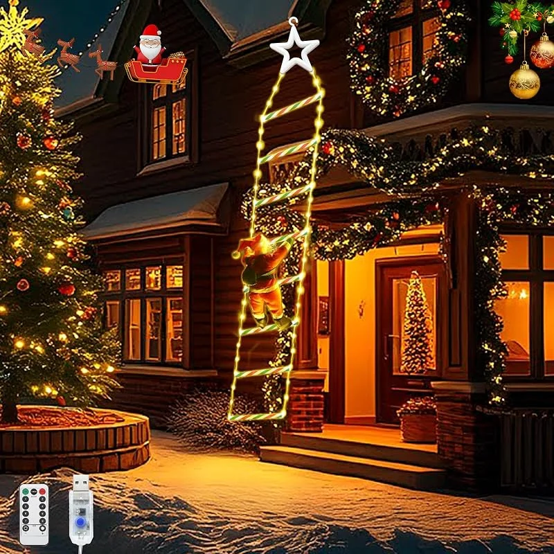 GHONLZIN Luces de Escalera Navideñas con Papá Noel, 2 M 124 LEDs Luces de Navidad Arbol, 8 Modo, Alimentación por USB con Control Remoto, para Decoración de Interiores, Exteriores, Jardines Ventanas — Luces Navidad