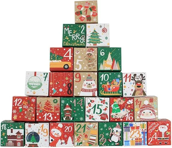 DAHI 24 cajas de calendario de Adviento de Navidad, calendario de Adviento vacío para rellenar 24 cajas de calendario de Adviento, hermosa bolsa de regalo, cajas de calendario de Adviento con temas de — Envoltorio regalo