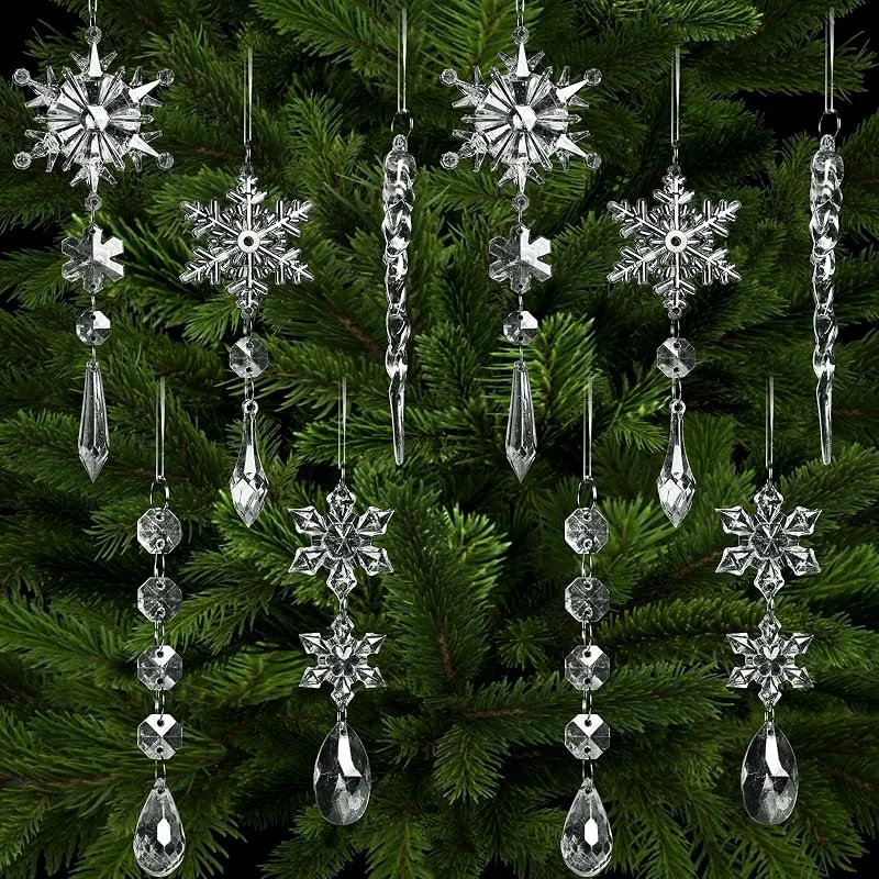 Bigqin Adornos Colgantes de árbol Navidad, 10 Piezas Adornos Colgantes Acrílico en Forma de Copo Nieve Gota Hielo con Cuerda, Decoración árbol de Navidad Suministros Fiestas Año Nuevo — Decoracion Navidad