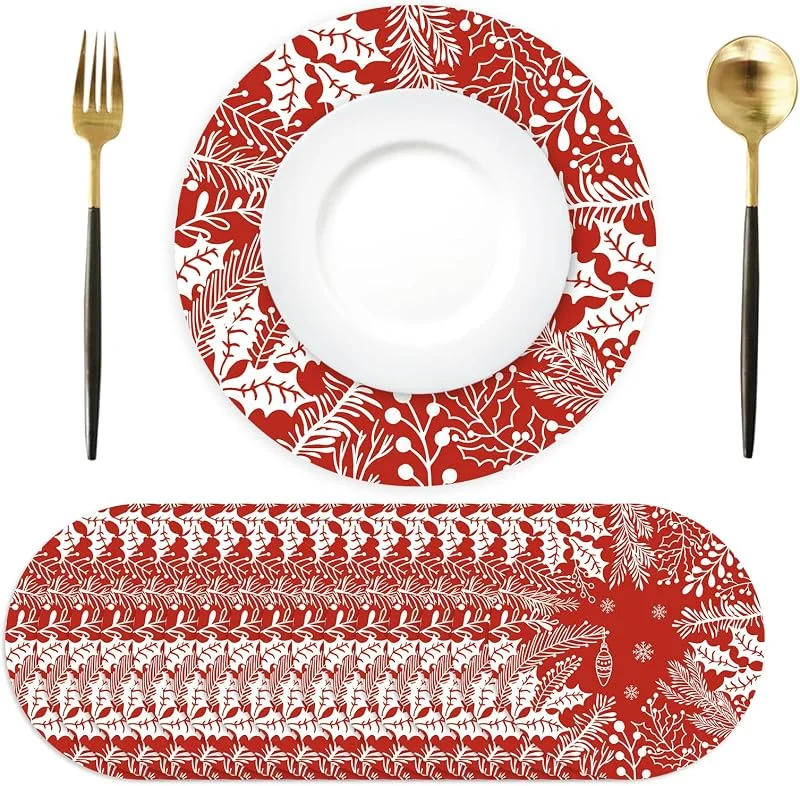 Tarklanda Paquete de 50 manteles individuales de papel desechables con flores de Navidad de 13 pulgadas, manteles individuales redondos decorativos para mesa de cena, manteles individuales para Navidad — Hogar y cocina