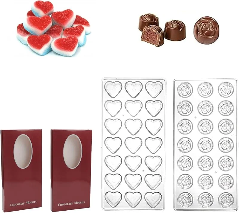 HSUYUN 2 Piezas Molde Policarbonato Chocolate, 3D Transparente Moldes Bombones, Forma de Corazón de Amor y Rosa Molde Chocolate Holografico, Multifuncional Moldes de Plastico — Hogar y cocina