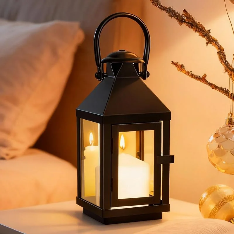 PORFOYO Faroles Decorativos: Farolillos Negros para Exteriores, De Metal Y Cristal, Resistentes a La Intemperie, Farolillo De Metal para Interiores Y Exteriores, Eventos, Fiestas Y Bodas — Cena a la luz de velas