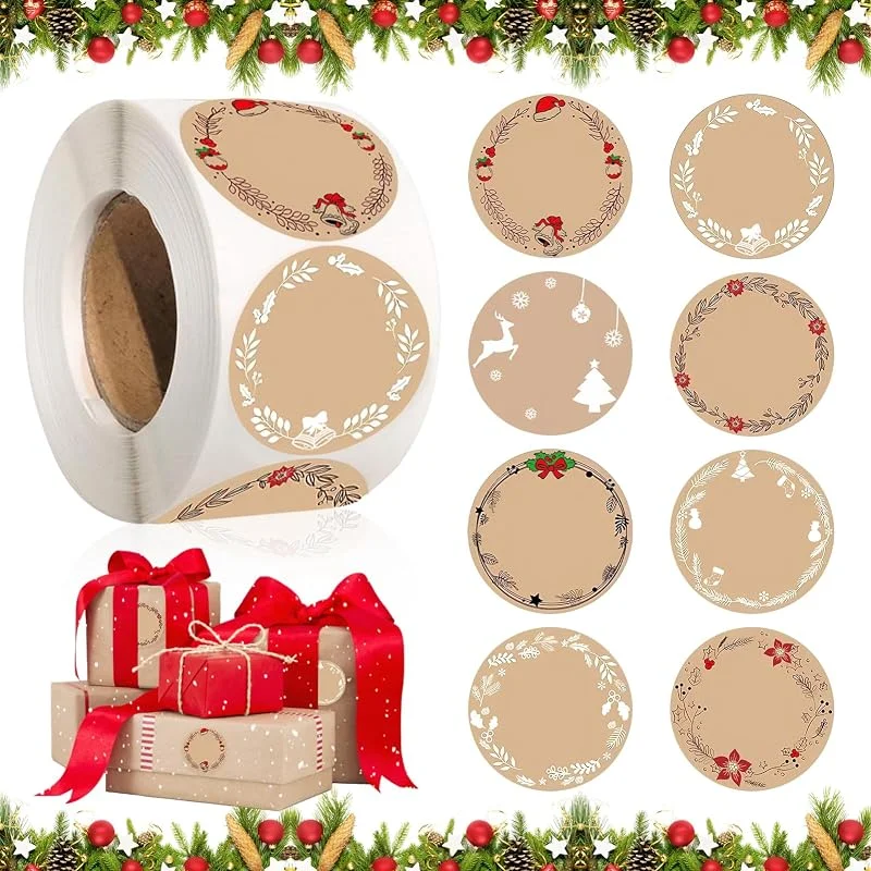 Lets Joy 500 Piezas Etiquetas Adhesivas de Navidad, Papel Kraft Pegatinas Navidad, Etiquetas Adhesivas Redondas Navidad, Rollo de pegatinas de Navidad, Regalos Fiesta Navidad Embalaje — Envoltorio regalo