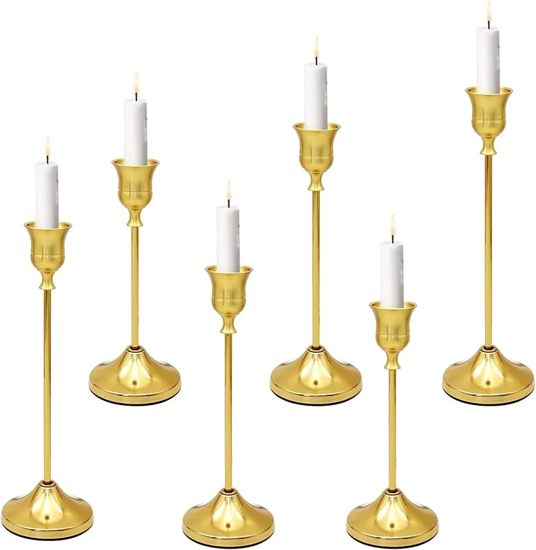 LOLANIUT 6 Piezas candelabros para Velas (16, 19, 23 cm), Portavelas de Velas Decorativas de Metal Vintage, Portavelas de Varilla con Base Antideslizante Estable para decoración de Mesa, Boda, Sala de Estar — Cena a la luz de velas