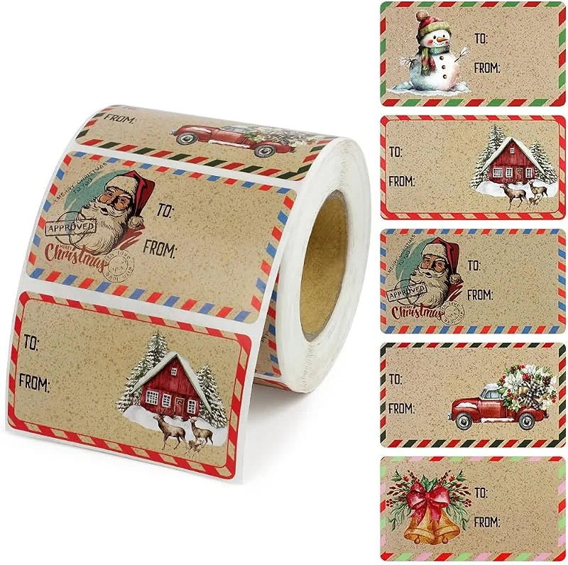 PYGHAP Etiquetas de regalo, 300 unidades, Pegatinas adhesivas de Navidad, diseños retro de Feliz Navidad, etiquetas de nombre aptas para etiquetas de regalos en cajas, bolsas, sobres, tarjetas y — Envoltorio regalo
