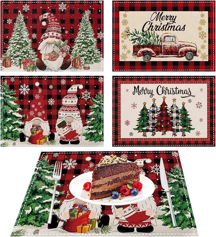 KASESSS 4 Piezas Manteles Individuales Navidad, Lino Salvamanteles Individuales Navidad, Lavable Individuales para Mesa, 4 Diseños Mantel Individual para Decoracion Mesa navidads, 45 x 30 cm — Hogar y cocina