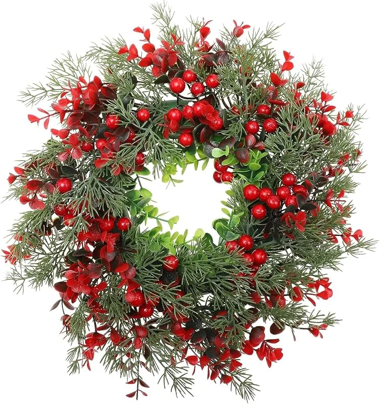 RoadLoo Corona de Navidad para Puerta, Coronas Navidad Corona de Adviento de árbol Navidad Conos de Pino Artificial de Acebo Rojo Corona de Bayas Corona de Navidad Adornos Navideños para Casa — Decoracion Navidad