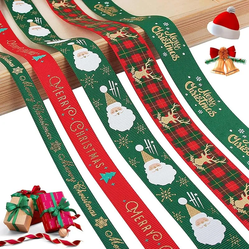 Begpoee 5 Piezas Cinta Navideña, Poliéster Cintas Temáticas Navideñas, De Cintas de Navidad Rojo y Verde, Cinta de Grosgrain Navideña, Cintas de Regalo, para Envolver (91 cm) — Envoltorio regalo