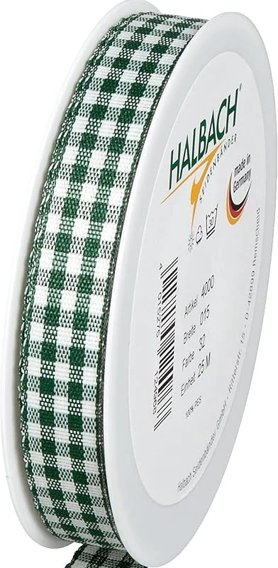 Halbach Seidenbänder Vichy - Cinta de regalo a cuadros (verde oscuro), ancho 15 mm, longitud 25 m, cinta de cuadros fabricada en Alemania, cinta a cuadros en muchos colores — Envoltorio regalo