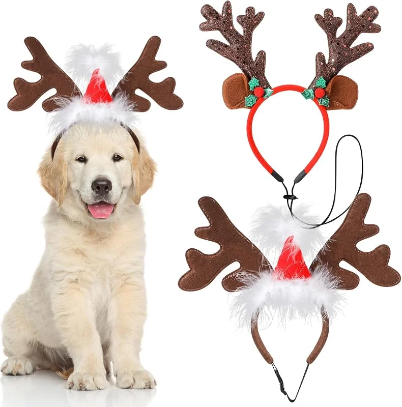 Visita la tienda de QKURT QKURT 2 Piezas Diadema Navideña para Mascotas, Perro Gato Cuernos de Reno Disfraz de Navidad, Ajustable Diadema de Reno Perro con Rojo Sombreros, Accesorio Festivo para Fiestas Navideñas — Ropa Navidad
