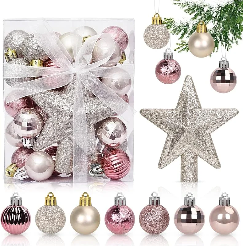 Aurasky Decoracion de Bolas Arbol de Navidad Blanco Oro Rosa 3CM, 30 pcs, Mini Adornos, Esferas de Plastico, Regalos Colgantes — Decoracion Navidad