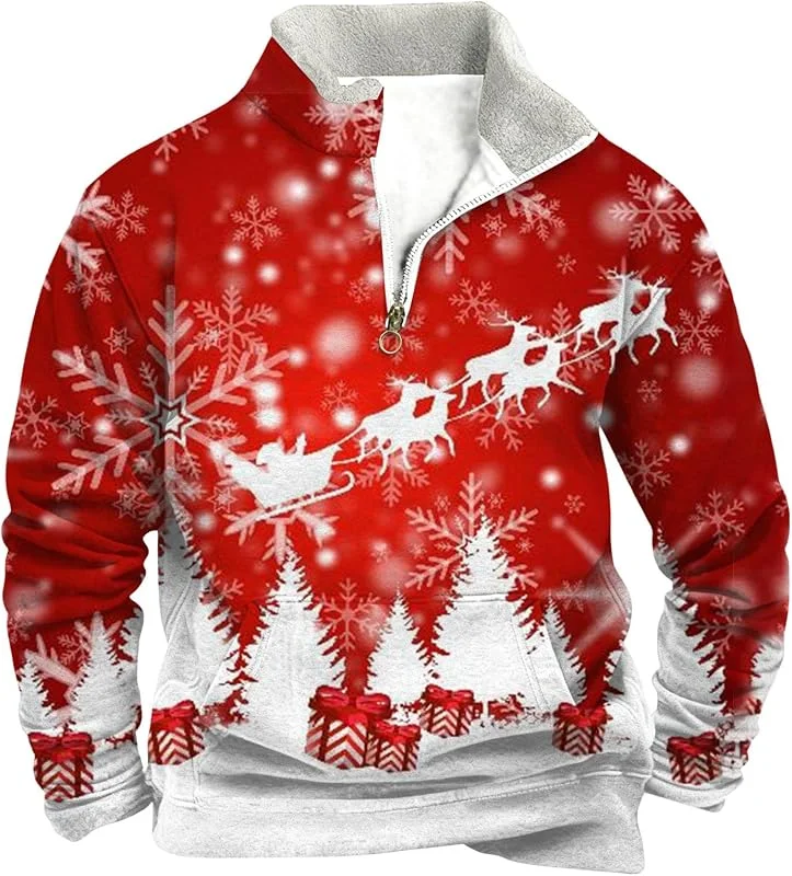 Generisch Jersey para hombre con media cremallera, cuello alto, cálido forro polar, para Navidad, vacaciones, cómodo y suave — Ropa Navidad