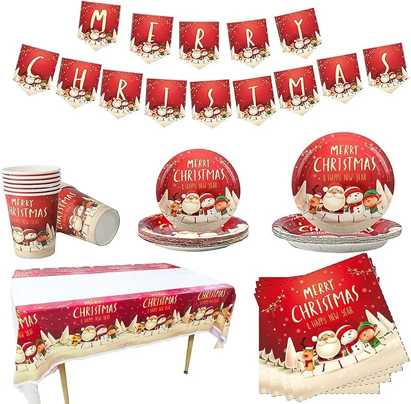 POPOYU Juego de vajilla de Navidad, juego de decoración de Navidad de papel para 16 invitados con banderines navideños, mantel, servilletas, platos de papel y vasos de Navidad para suministros de decoración — Adviento y mesa
