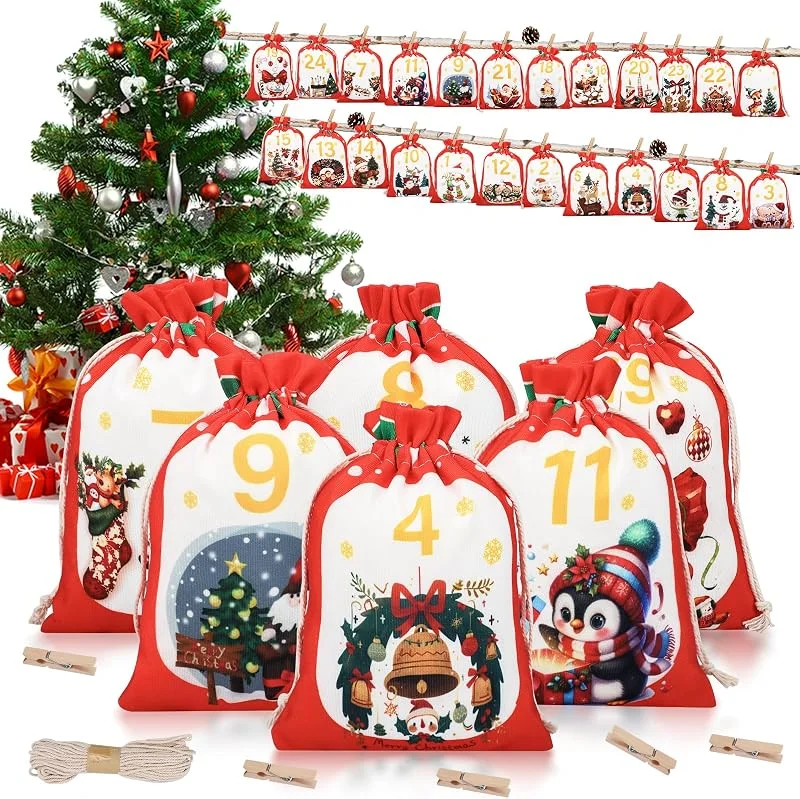 Teokantz Calendario de Adviento Tela para Rellenar 2026, 2 Tamaños Vacio Adviento Rellenable, Reutilizable DIY Calendario Bolsas Bolsitas Saquitos 2026 para Niños Niña Mujer Hombre Adultos — Adviento y mesa