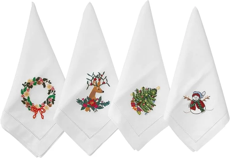 HCRAFT Servilletas de Mesa de algodón Bordadas, Juego de 4 servilletas cuadradas de Navidad de 18 x 18 Pulgadas, para Comedor, servilletas de Tela Lavables a máquina, servilletas de Navidad, Grandes — Hogar y cocina