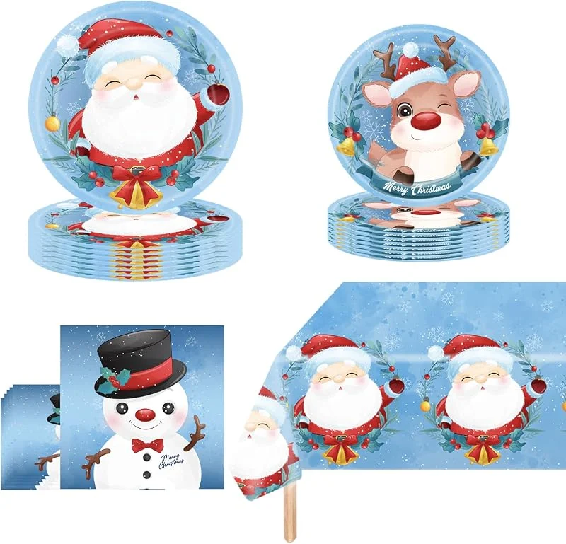 POPOYU Juego de 53 platos de Navidad para fiestas, platos de papel decorativos para fiestas de Navidad, Papá Noel, muñeco de nieve, juego de vajilla de Navidad para fiestas familiares, accesorios de mesa — Adviento y mesa