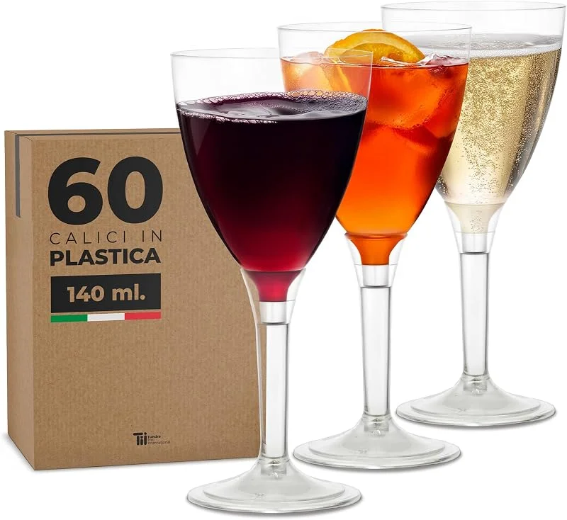 TUNDRA ICE INTERNATIONAL TUNDRA - 60 Copas de Vino PLASTICO Duro REUTILIZABLE 140 ml., Copas Plastico BPA-Free, Resistentes y Reutilizables para Vino, Cócteles, Agua, Champán - Vasos Para Fiestas, Bodas, Cumpleaños, Navidad — Vino y mesa festiva