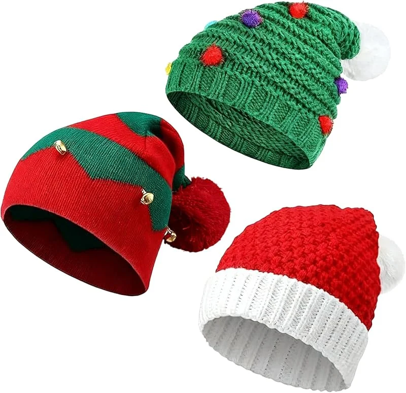ESYFOR Gorro Navideño Adulto, 3 Piezas Gorro de Navidad Unisex Handmade Knitted Gorro de Papá Noel con Pompón Accesorio para Disfraces de Fiesta de Navidad — Ropa Navidad