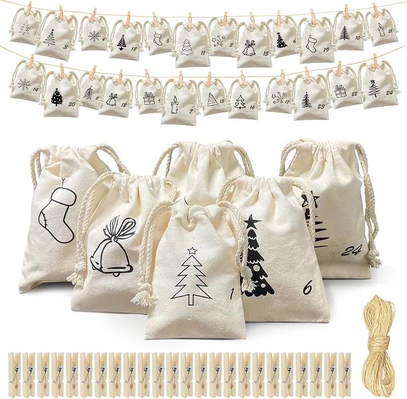 Oneshlee 3 Tamaños Calendario Adviento Para Rellenar Reutilizable, 24 Bolsas Calendario Adviento DIY Tela Con Clip De Madera Y 10m De Cuerda, Para Niño, Hombre, Mujer — Adviento y mesa