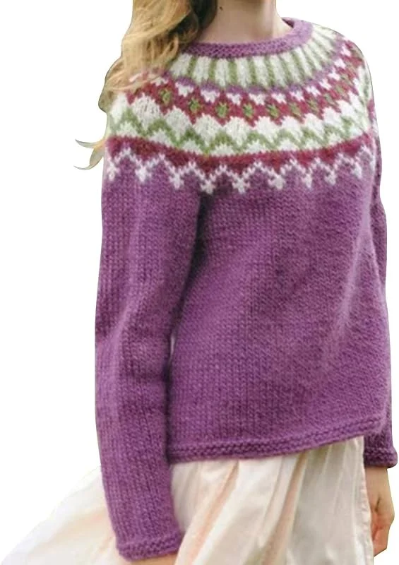 Generic HUIFUAO - Suéter de Navidad para mujer, talla grande, suéter de punto noruego, nórdico, islandés, cálido, térmico, retro, gráfico, manga larga, sudaderas — Ropa Navidad