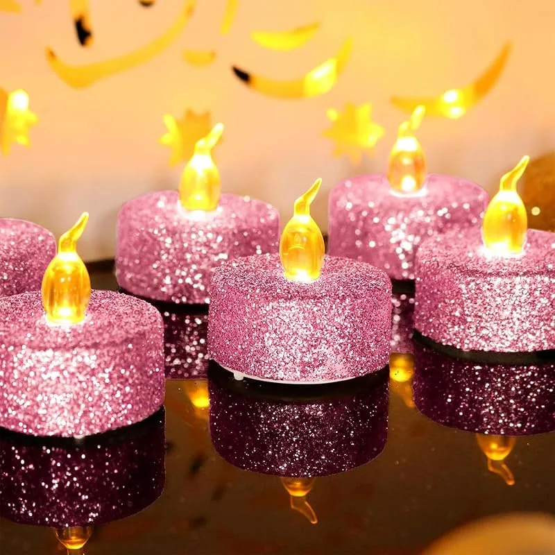YiYFiT Velas de té LED con purpurina rosa, 2 velas de té falsas parpadeantes de color amarillo cálido sin llama para Navidad, Pascua, Halloween, boda, fiesta, festivales, etc — Cena a la luz de velas