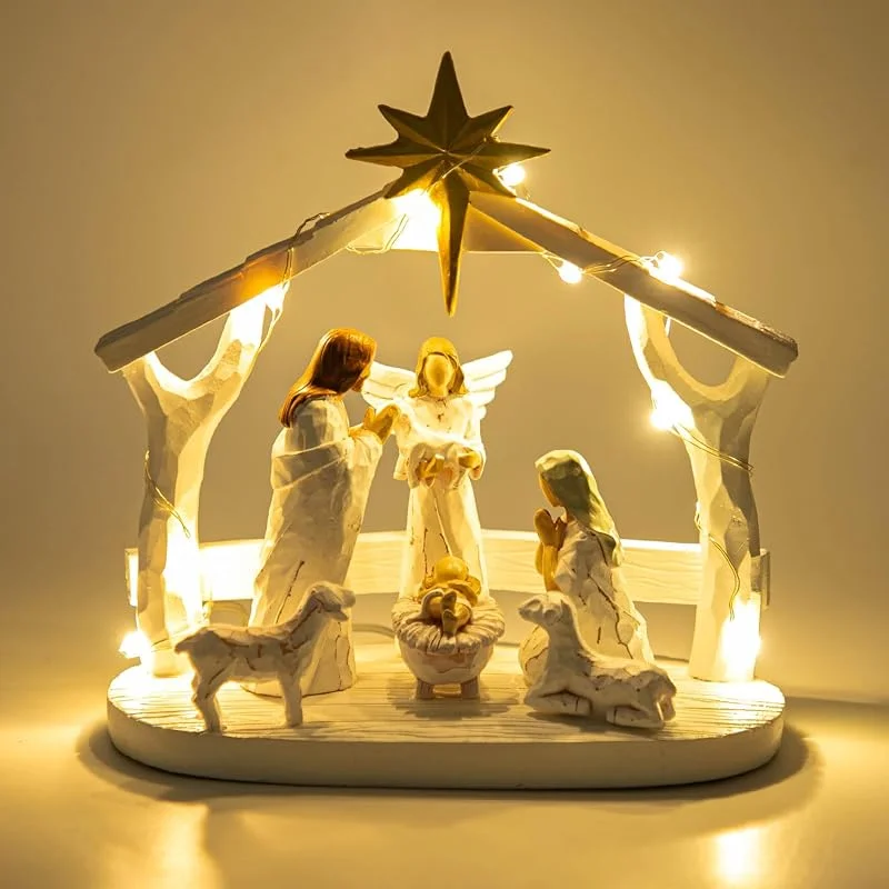 CHUANGLI Juego de Belén para Navidad en Interiores con Luces LED, Pesebre y Figuras - Decoración Navideña — Decoracion Navidad