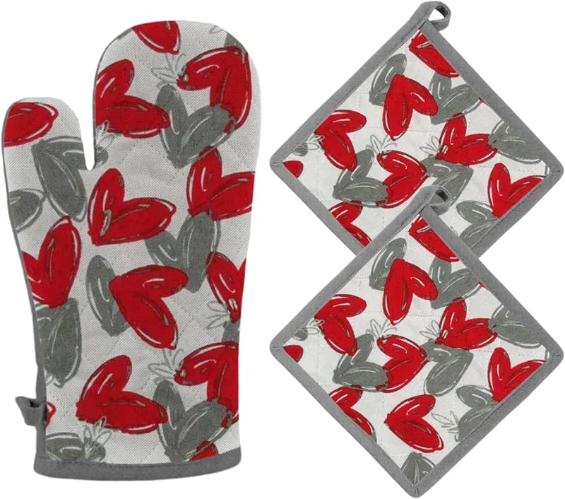 moorg Juego de agarraderas de cocina y guante de horno de algodón, guantes de cocina más 2 agarraderas con fantasía decorativa, guante de horno de 32 x 18 cm, manopla de 20 x 20 cm — Hogar y cocina