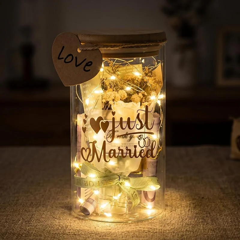 Fancysky LED-Licht Hochzeitsflasche，Botella con Luz LED-Lichtflasche für Hochzeiten，Flasche mit LED-Licht，Hochzeitsgeschenk für Bräutigam (Just Married WITH FLOWERS 1) — Cena a la luz de velas