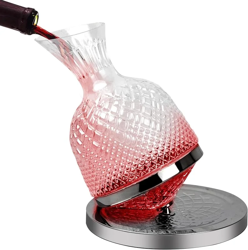 Granvoo Decantador de Vino 1.5L - Gira 360° Con Soporte de Acero Inoxidable, Cristal Sin Plomo - Aerador Con Base - Regalos Para Hombres y Mujeres — Vino y mesa festiva