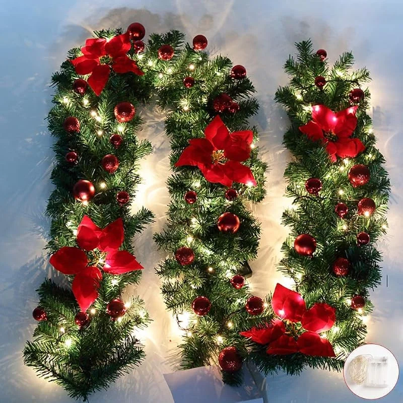 Queta - Guirnalda de árbol para decoración de Navidad, Guirnalda con Bolas de Corona de Flores, Bola con luz LED para Puerta de Entrada, 270 cm (Rojo) — Decoracion Navidad