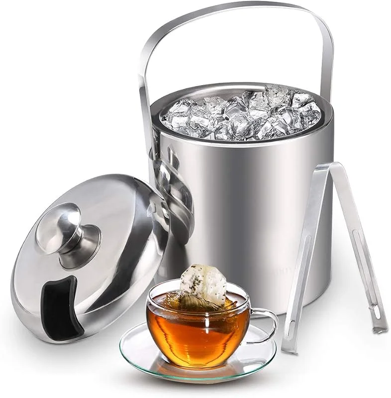 Sailnovo Cubitera para hielo con pinzas y tapa de acero inoxidable — Vino y mesa festiva