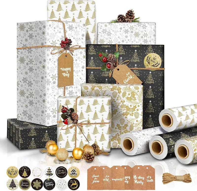 Bseical Papel de Regalo Navidad Grande 4 Rollo, Papel Regalo Navidad 12m, Papel de Regalo Elegante Set con 10m Cuerda de Papel Kraft + 6 Etiqueta + 12 Pegatina, Decoracion Original Envolver (43cm×3m 4 Rollos) — Envoltorio regalo