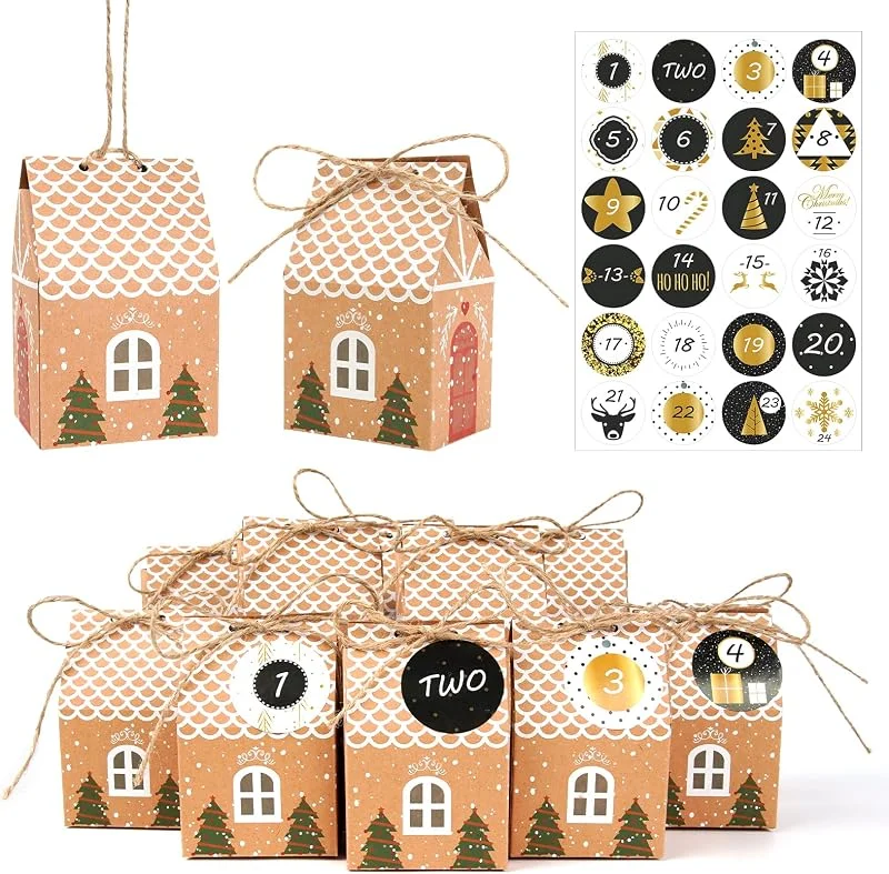 Leikedun Calendario de Adviento DIY, 24 Cajas de Regalo Kraft, Pegatinas con Números, Decoración Navideña con Cordel, Diseño de Casa Invernal — Adviento y mesa