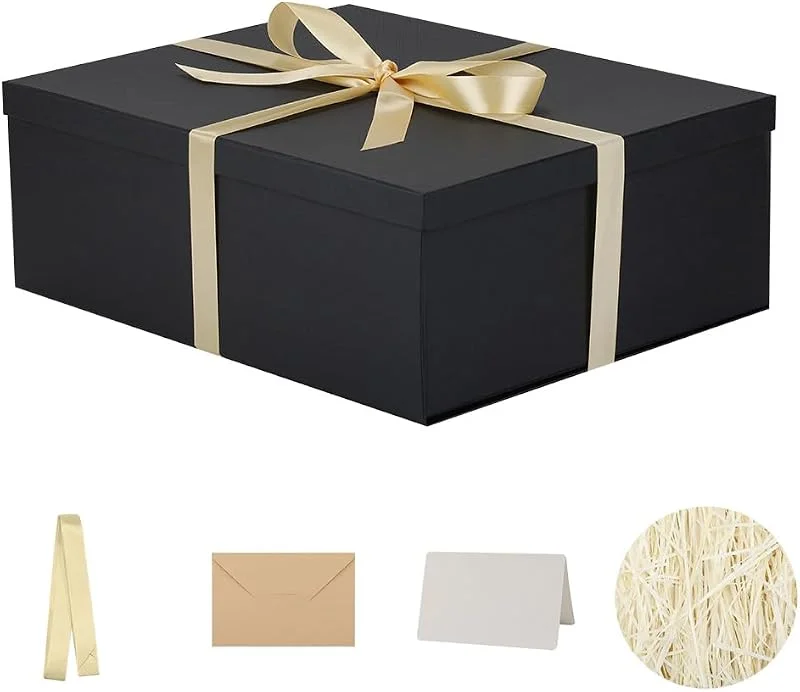 KdmNzoo Caja de regalo grande Negro con tapa 42 x 32 x 15, 5 cm, Cajas de Regalo Premium con Tapa y Cinta para Regalos de San Valentín, Navidad Incluye Papel seda triturado Tarjetas sobre — Envoltorio regalo