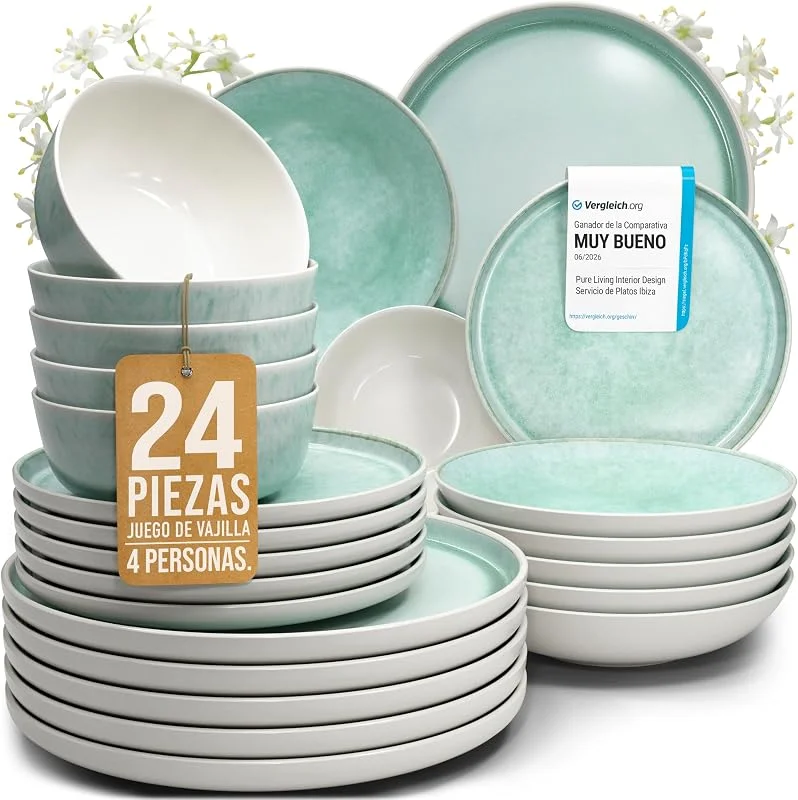 Visita la tienda de PURE LIVING INTERIOR DESIGN Juego de vajilla de gres para 6 personas Ibiza 24 piezas - Set de vajilla mediterránea - Resistente al lavavajillas, microondas y arañazos - Set de platos y cuencos - Pure Living Beige y Turquesa — Adviento y mesa