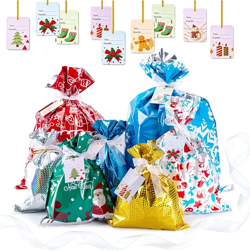 Evance 35 Bolsas Navideñas con Cordón, 35 Bolsas Regalo Navidad + 36 Etiquetas, Bolsa Regalos Navidad para Fiestas y Regalos -44x60cm, 39x50cm, 29x43cm, 24x32cm — Envoltorio regalo