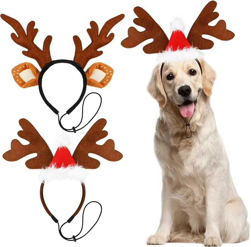 Visita la tienda de QKURT QKURT 2 Diadema Navideña para Mascotas, Perro Cuernos de Reno Disfraz de Navidad Elk Headwear con Rojo Sombreros, Ajustable Accesorio de Disfraz para Mascotas para Perros Medianos y Grandes — Ropa Navidad