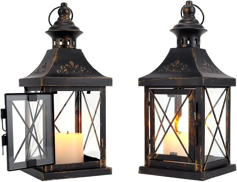 TRIROCKS Set de 2 Faroles Decorativos 27cm Alto, Lámparas Colgantes de Metal para Sala, Fiestas y Eventos, Ideal para Interior y Exterior (Negro con Toque Dorado) — Cena a la luz de velas