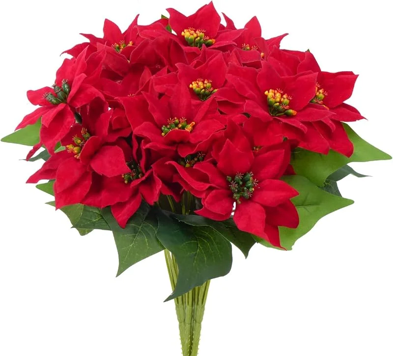 Fairblo 4 Piezas Flores Artificiales de Navidad, Ramos de Poinsettia para Fiesta Hogar de Año Nuevo, Adornos Árbol y Centro de Mesa, Rojo — Decoracion Navidad