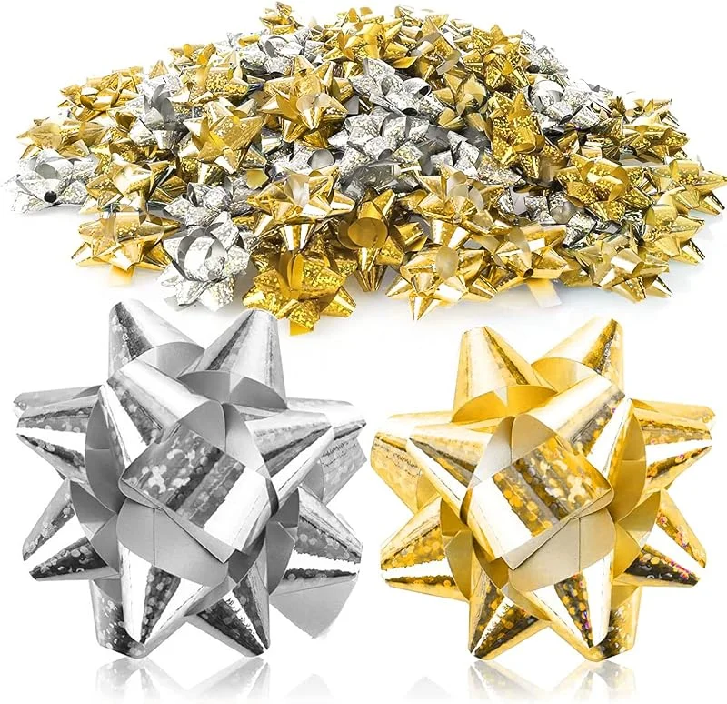 Visita la tienda de Jonami Jonami 100x Lazos de Regalo Pequeños Lazos Decorativos Autoadhesivos - Lazos Listos para Navidad, Cumpleaños y Bodas, Ø 5 cm, Holográfico Oro y Plata — Envoltorio regalo