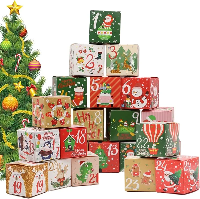 Mamiddle Calendario de Adviento 2025 Calendario de Adviento DIY Vacío con Números 24 Cajas Cuadradas para Navidad Caja Papel para Caramelos Dulces Galletas Chocolates (Caja) — Adviento y mesa