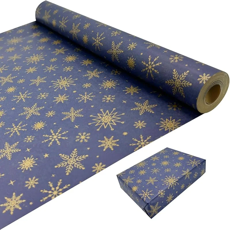 MJNEDY Papel de regalo navideño para envolver regalos: rollo de papel Kraft azul con copos de nieve dorados, 43 cm x 15 m, papel de regalo reciclable — Envoltorio regalo