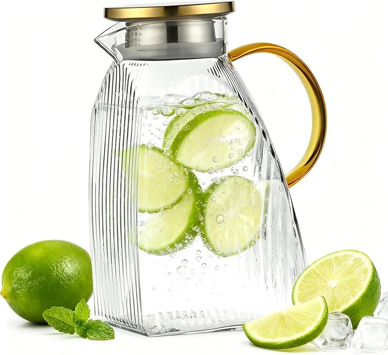 CHENKEE Jarra Agua Cristal con Tapa, 1.8L Jarras Cristal, Fácil de limpiar, Jarra Agua Nevera con Tapa de Acero Inoxidable, para Aguas Fría, Caliente, Bebidas Caseras, Café, Leche, Zumo — Vino y mesa festiva