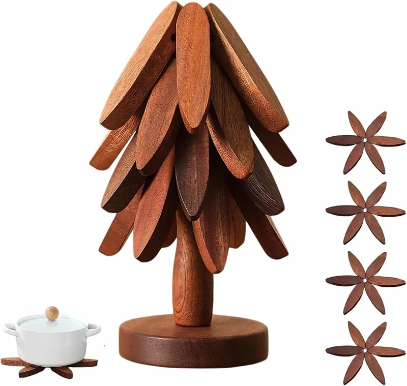 Heting-YQ 4 Piezas Posavasos de madera con forma de árbol Juego de Salvamanteles — Adviento y mesa