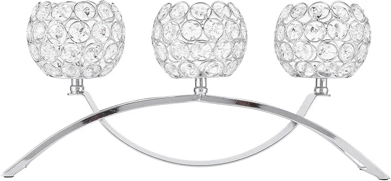 Visita la tienda de lyrlody Portavelas de Cristal, 3 Brazos clásico Europeo Hierro Bola de Cristal Cena romántica con Velas Candelabro Centro de Mesa de Boda para la celebración del Aniversario de cumpleaños Regalo(Plata) — Cena a la luz de velas