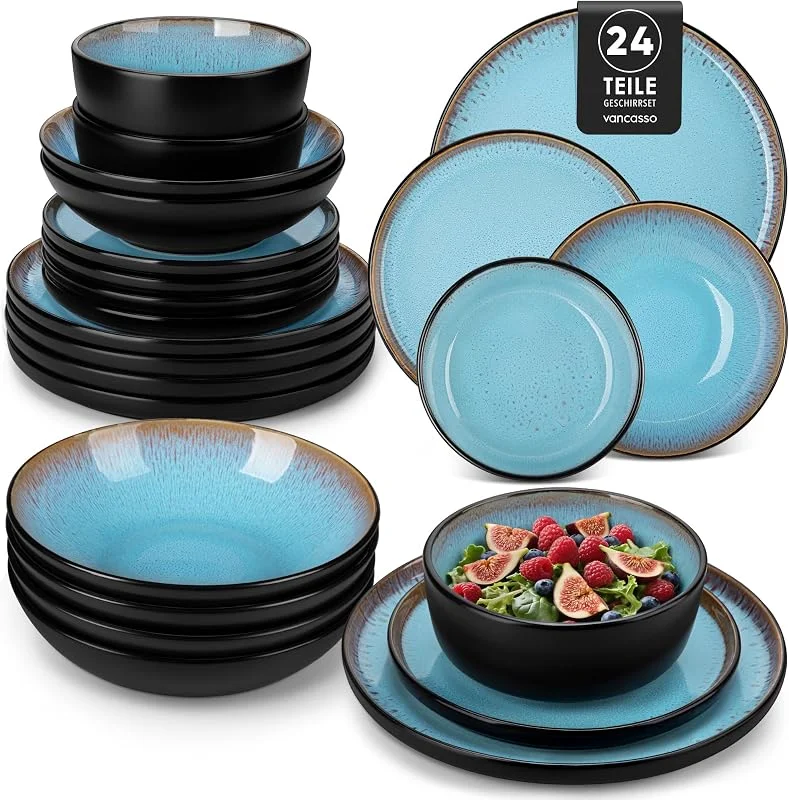Visita la tienda de vancasso vancasso AMBER Juego de Vajilla Completo para 6 Personas, Plato Vajilla 24 Piezas de Gres - Platos Llanos, Platos de Postre, Ensaladeras y Cuencos - Apto para Lavavajillas, Esmalte Reactivo Azul — Adviento y mesa